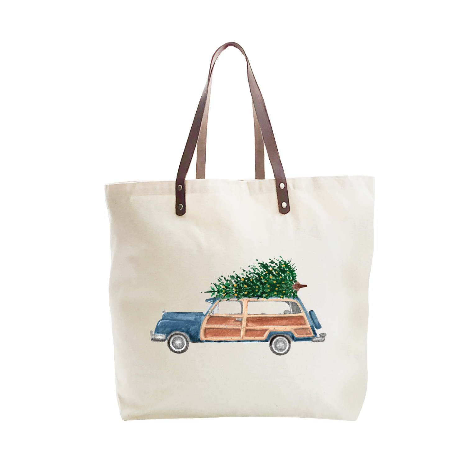 navy woody with tree large tote