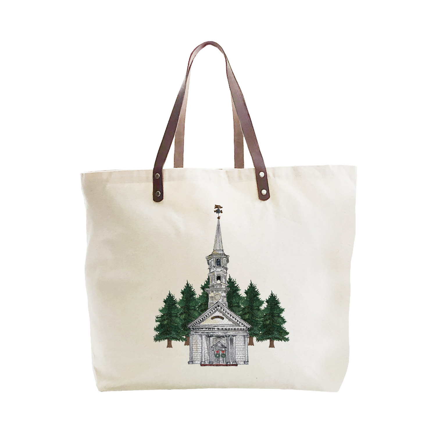 chapel with wreaths and trees large tote