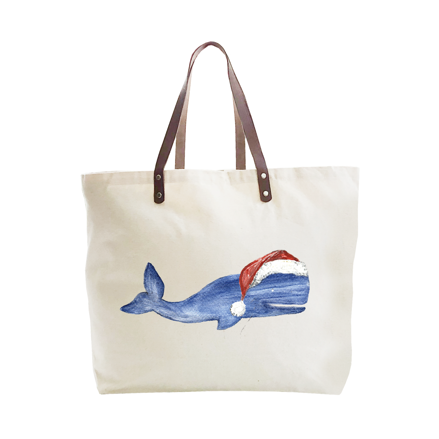 whale with santa hat large tote