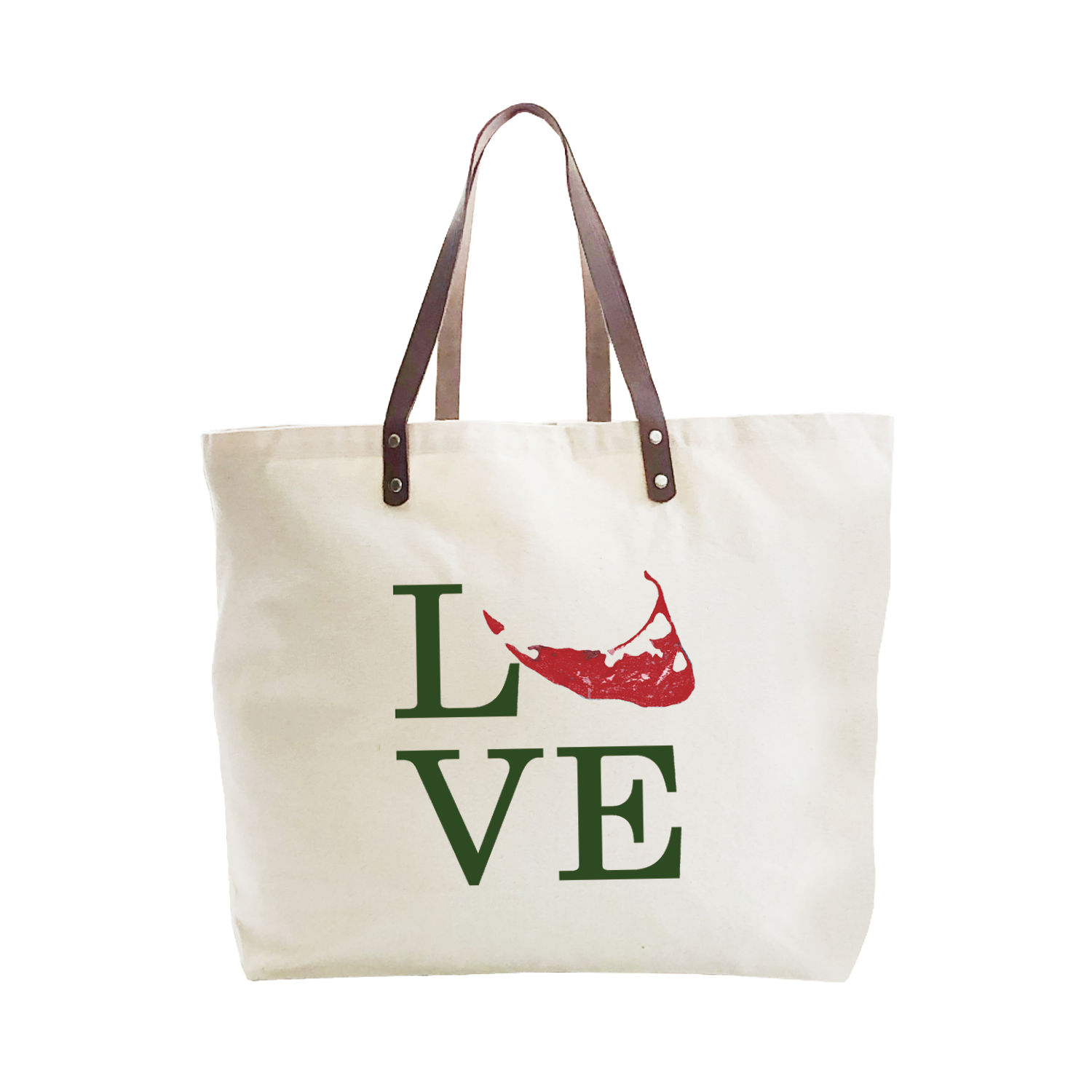 love nantucket island in red and green large tote