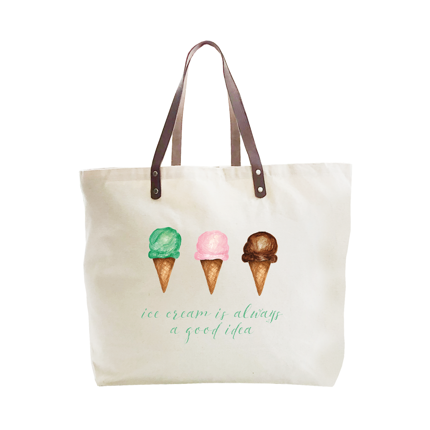 ice cream good idea green text large tote