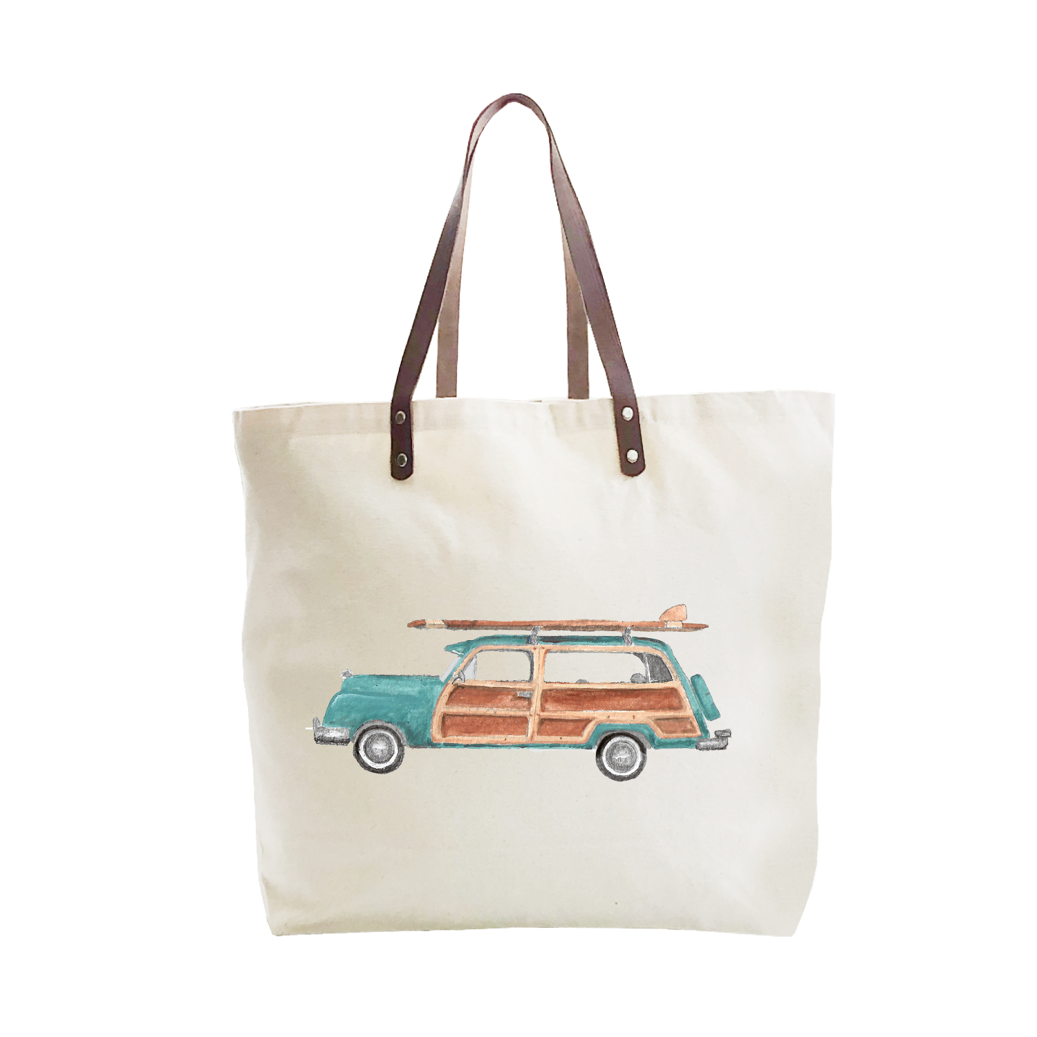 seafoam woody with surfboard large tote