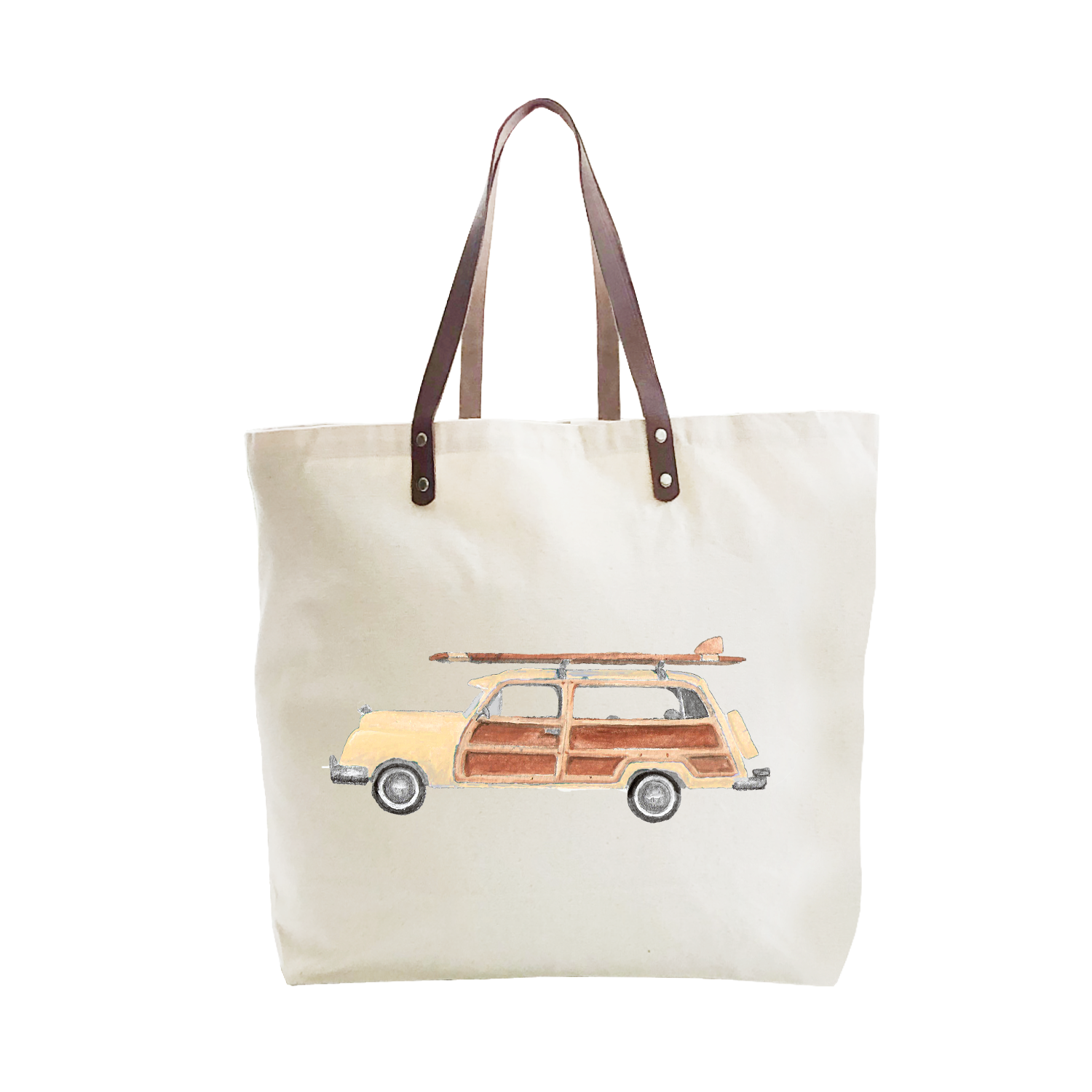 cream woody with surfboard large tote