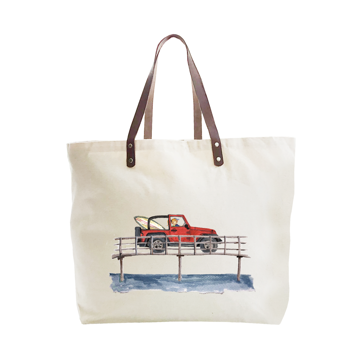 red jeep on bridge large tote