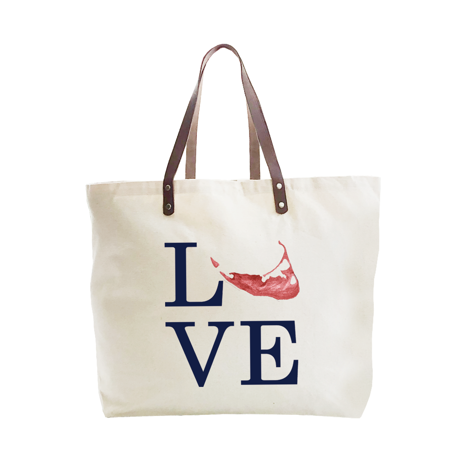 love nantucket island navy text with red island large tote