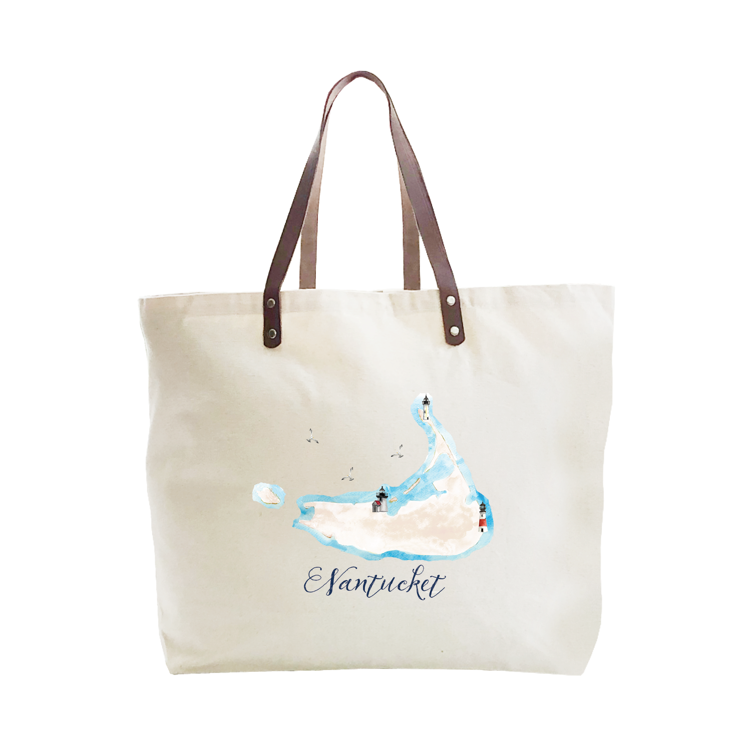 nantucket map with three lighthouses large tote