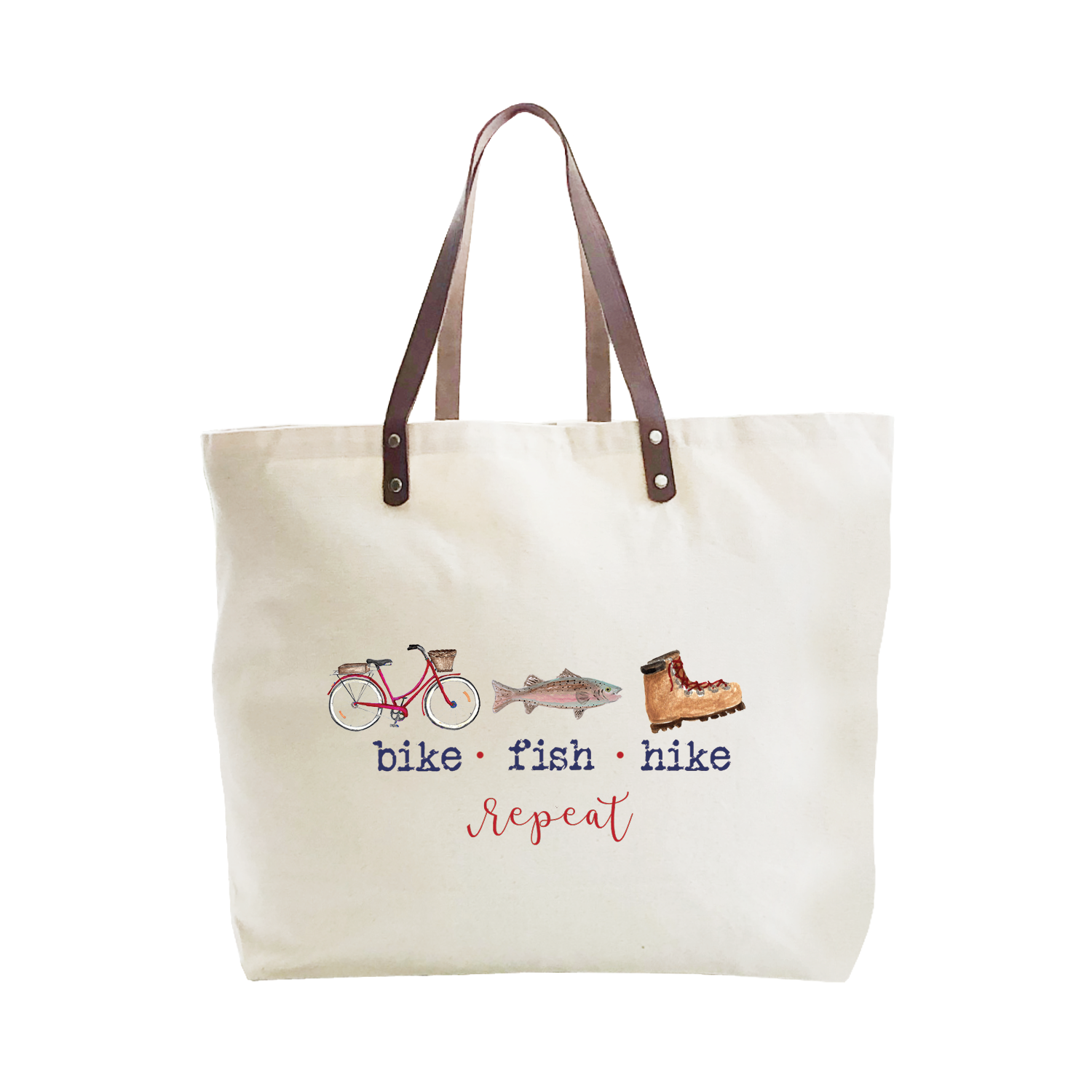 bike fish hike repeat large tote