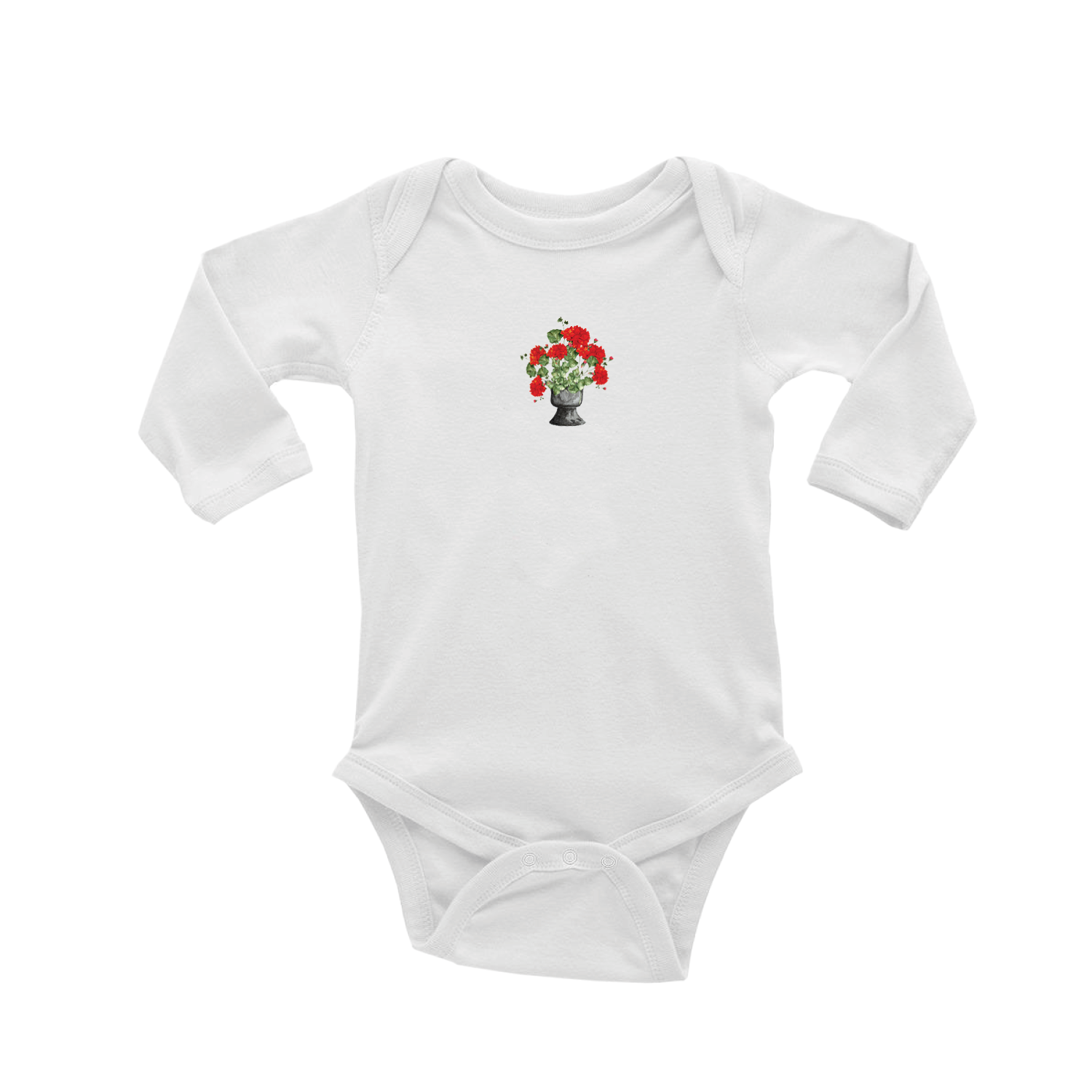 red geraniums in black pot baby snap up long sleeve