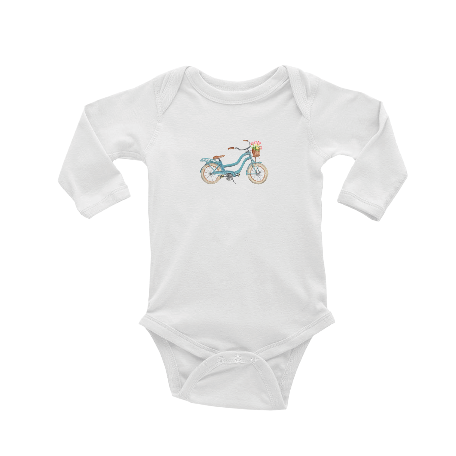 light blue beach bike with tulips baby snap up long sleeve