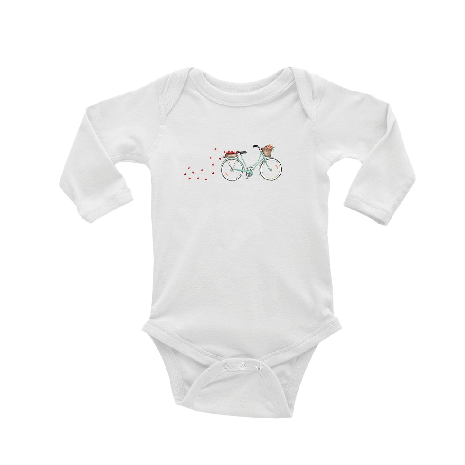seafoam bike with hearts + roses baby snap up long sleeve