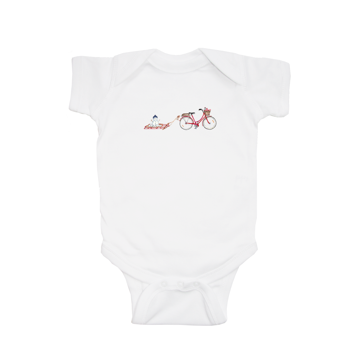 red bike with snowman on sled baby snap up short sleeve