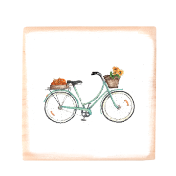 bike with pumpkins and sunflowers square wood block