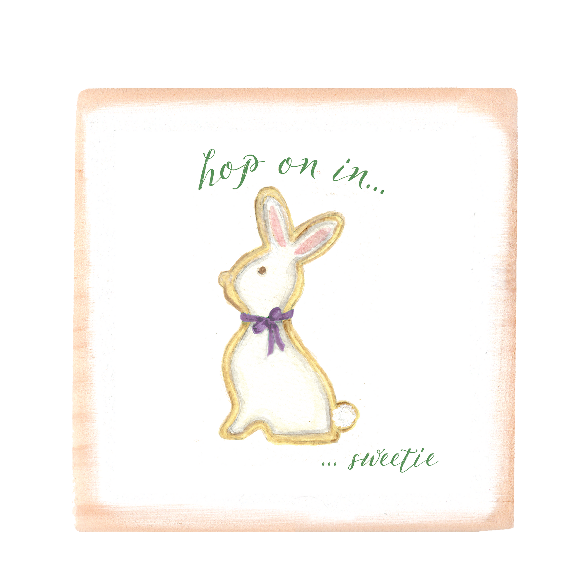 hop on in purple bow square wood block