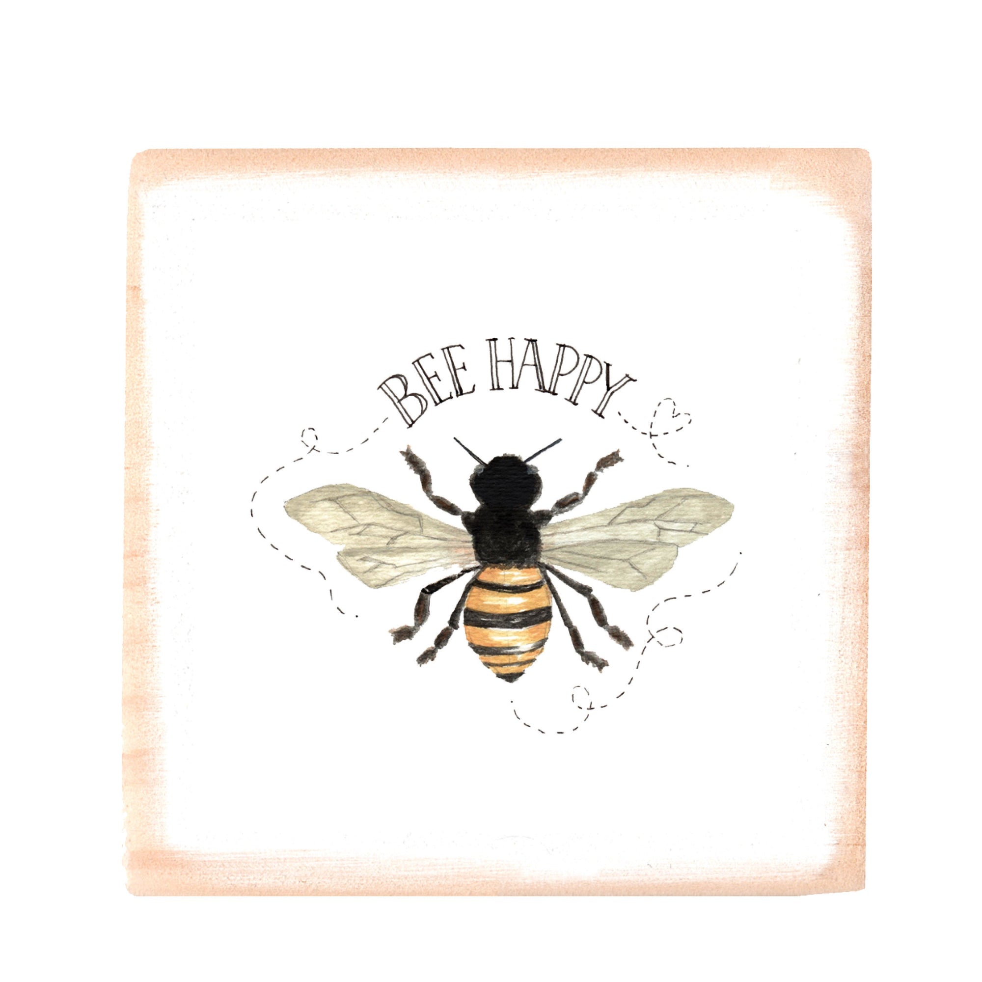 bee happy square wood block