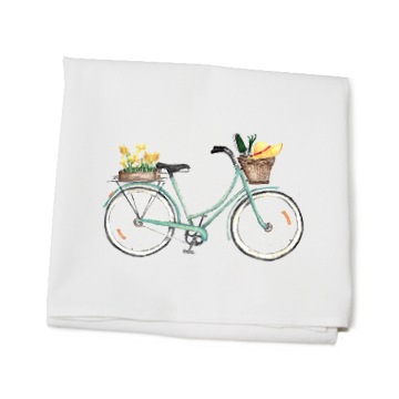 seafoam bike with daffodils on back flour sack towel