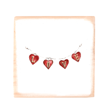 hearts on wire square wood block