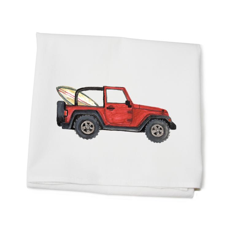 red jeep + surfboard flour sack towel