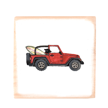 lab in red jeep + board square wood block