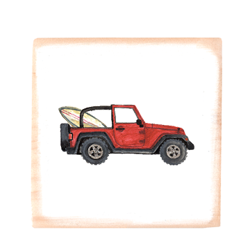red jeep + surfboard square wood block