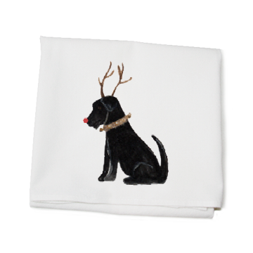 lab with antlers and red nose flour sack towel